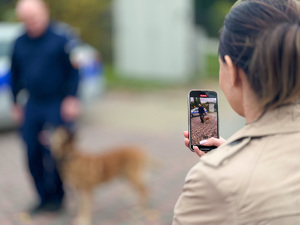 Na pierwszym planie zdjęcia widać kobietę, która trzyma w ręce telefon. Na jego ekranie widać policjanta wraz z psem służbowym. Na drugim planie kadru widać umundurowanego policjanta oraz psa służbowego podczas pokazu.