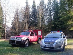 Na zdjęciu widoczne są oznakowane pojazdy Policji i Straży Leśnej. Zdjęcie wykonane na zewnątrz w masywie leśnym.