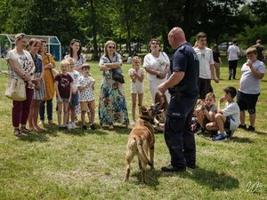 Fotografie przedstawiają policjantów w umundurowaniu służbowym, biorących udział w pikniku z okazji dnia dziecka. Na zdjęciach widoczny jest także pies służbowy oraz jego przewodnik.