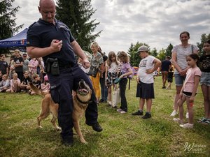 Fotografie przedstawiają policjantów w umundurowaniu służbowym, biorących udział w pikniku z okazji dnia dziecka. Na zdjęciach widoczny jest także pies służbowy oraz jego przewodnik.