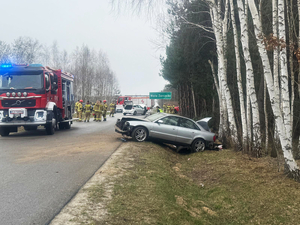 Zdjęcie przedstawia zdarzenie drogowe W woli Zarczyckiej. Widoczny jest wóz strażacki oraz rozbite audi.